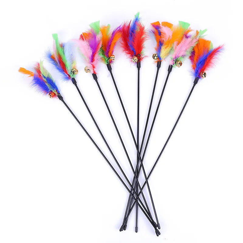 5pcs Funny Kitten Cat Teaser Interactive Toy Rod with Bell and Feather Toys For Pet Cats Stick Wire Chaser Wand Toy Random Color